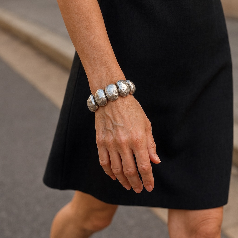 ATC Bracelet Silver tone Hammered Oval on stretch bands 2.5” diameter